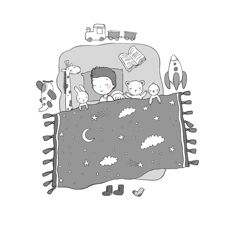 Sleeping boy. Baby in bed with toys. Time to sleep. Good night. Vectorのイラスト素材
