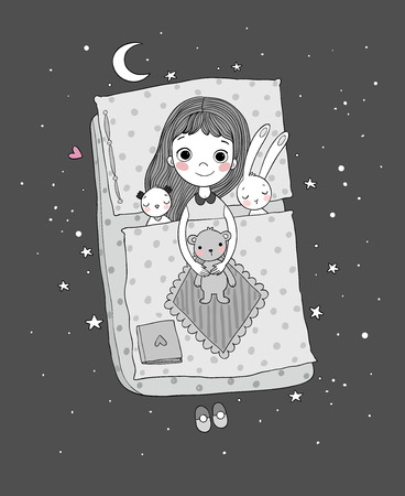 Sleeping girl. Baby in bed with toys. Time to sleep. Good night. - Vector illustrationのイラスト素材