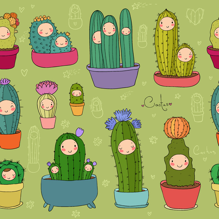 Cute cartoon cactus and succulents in pots. vector illustration. Pattern with cacti. - Vector illustrationのイラスト素材