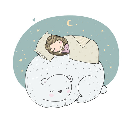 A sleeping girl and a bear. Good fairy tale. Good night. Time to sleep. Vector illustration. - Vector illustrationのイラスト素材
