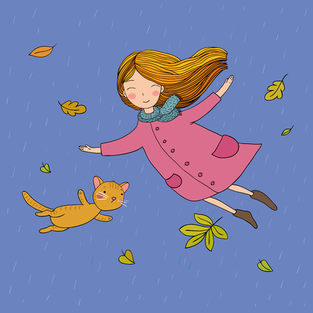 Cute little girl and a cute cartoon cat flying with autumn leaves. Vector illustration.のイラスト素材