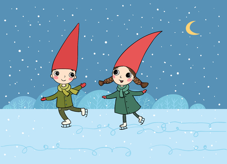 Cute cartoon gnomes. Christmas elves. Vector illustration. ice-skate. - Vectorのイラスト素材