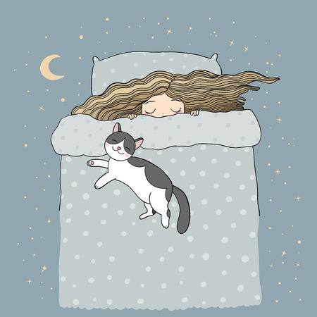 Girl and cats. Good night. Sweet dreams. Vector illustration. bed time. Isolated objects on white background. bed linen. Illustration for pajamasのイラスト素材