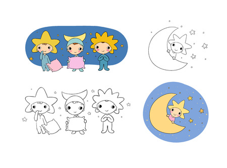 Boys gnome in the costumes of the moon, the sun and the star. Cute cartoon elf. Good night. Time to sleep. Children s play. - Vector illustrationのイラスト素材
