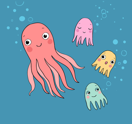 Cute cartoon octopuses. Sea life. - Vector illustrationのイラスト素材