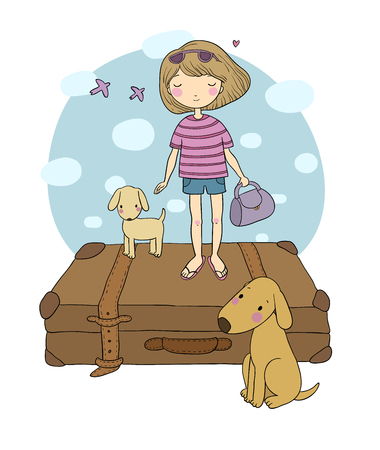 Happy Travel. Cute cartoon girl, dog and suitcases. Bon Voyage Vector illustrationのイラスト素材