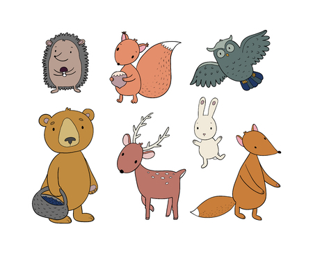 Animals of the forest. Set with cute cartoon bears, fox, hare and squirrel, owl and deer. Design for children - Vector illustrationのイラスト素材