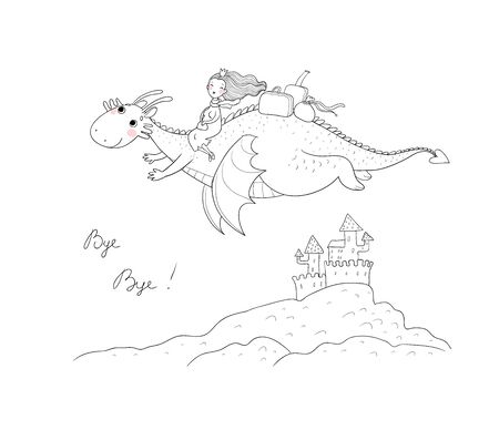 The princess is flying on a dragon. Queen and dinosaur.のイラスト素材