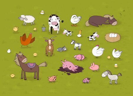 Farm animals. Cute cartoon horse, cow and goat, sheep and goose, chicken and pig.のイラスト素材