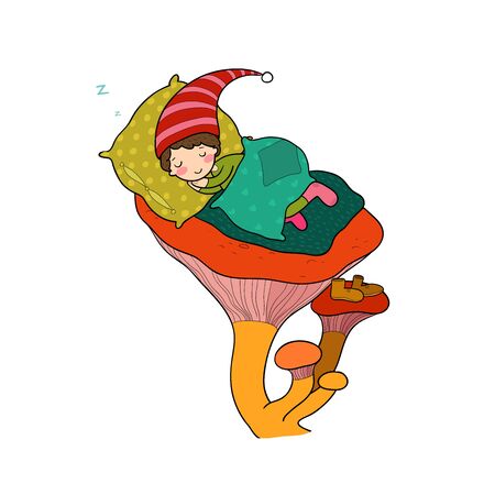 Cute cartoon sleeping gnomes. Forest elves. Vector illustrationのイラスト素材