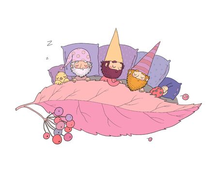 Three gnomes sleep under the leaf. Forest elvesのイラスト素材