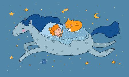 The boy in the crown sleeps on a magic pony. The little king. Good night. Sweet Dreamsのイラスト素材