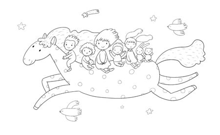 Little Prince. Cute cartoon boy in a crown flies on a pony. Cheerful hare, sheep and chickenのイラスト素材