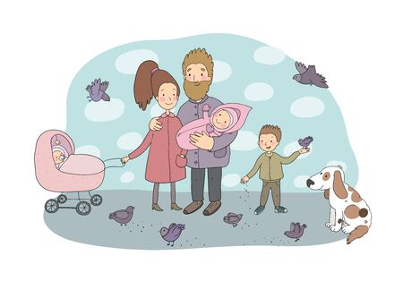 Happy family with newborns. Mom, dad and kids on a walk. Cheerful funny dog and pigeons. Cute cartoon couple and babyのイラスト素材