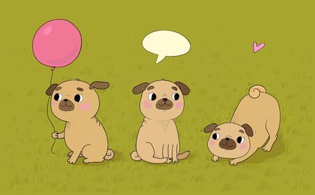 Cute cartoon pug set. Cheerful funny dog picture for the veterinarian. Vectorのイラスト素材
