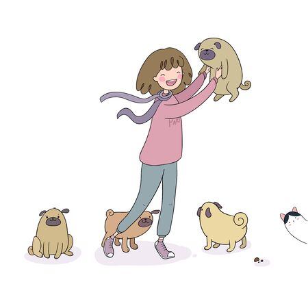 Cartoon woman on a walk with puppies. Beautiful young girl and a cute pug. Pets.のイラスト素材