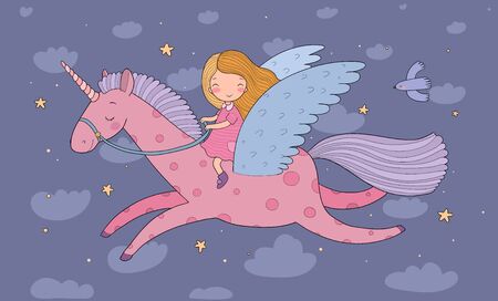 Cute cartoon girl flies on a pegasus. Princess and unicornのイラスト素材