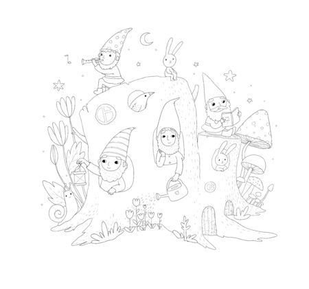 Cute cartoon gnomes in a stump house. Magic forest elvesのイラスト素材