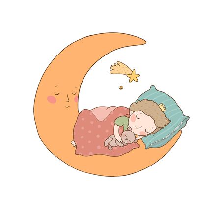 The little prince is sleeping on the moon. Cute cartoon boy in bedのイラスト素材