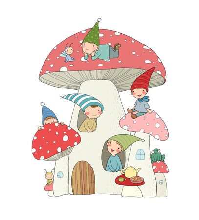 Cute cartoon gnomes, mushroom house and frog. Forest magic elvesのイラスト素材