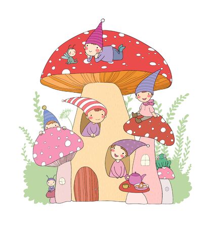 Cute cartoon gnomes, mushroom house and frog. Forest magic elvesのイラスト素材