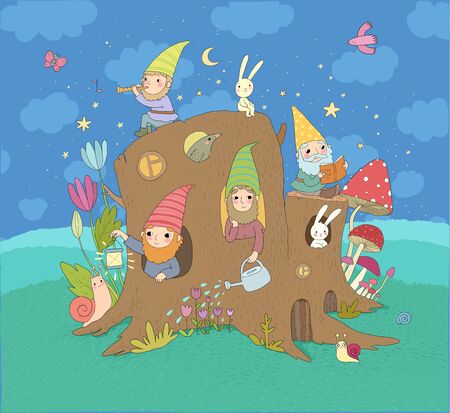 Cute cartoon gnomes in a stump house. Magic forest elvesのイラスト素材
