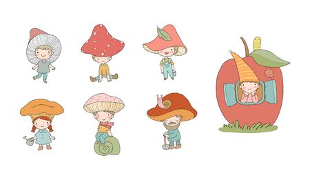 Cute cartoon gnomes mushrooms. Forest elves. Little fairiesのイラスト素材