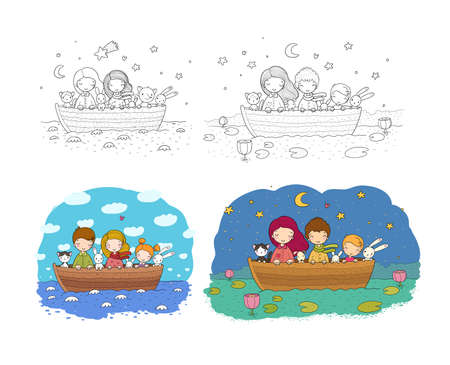 Cute cartoon sisters swim in a boat with hares, a cat and a fox. Little girls and funny animalsのイラスト素材