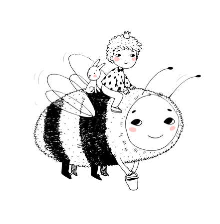 Little boy prince flying on a beeのイラスト素材