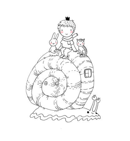 The little prince, kitten and bunny ride a snail. Cute funny boy. Design for a boyのイラスト素材