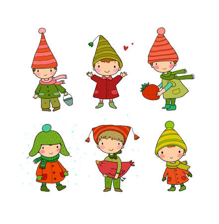 Cute cartoon gnomes . Forest elves. Little fairies. Little cheerful boys in winter hats.のイラスト素材