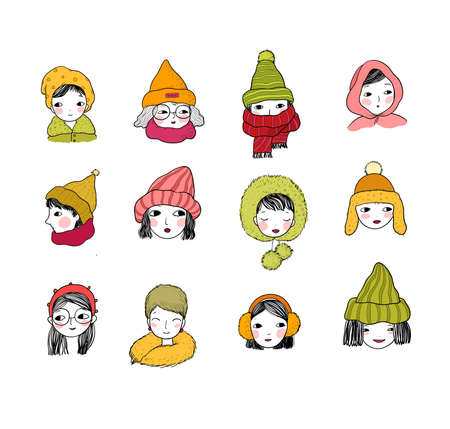 Winter caps, warm accessories. Girls in knitted hats and scarves. Female faces with different emotions .Vector illustrationのイラスト素材