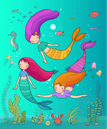 ute little mermaids. cartoon girls with fish tails. Marine theme.のイラスト素材