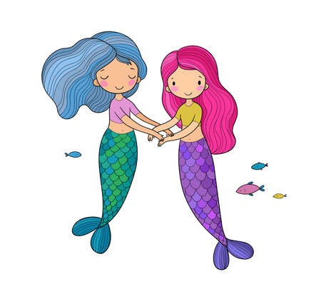 ute little mermaids. cartoon girls with fish tails. Marine theme.のイラスト素材
