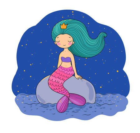Cute cartoon mermaids sitting on a stone. Siren. Sea theme. vector illustration. Beautiful cartoon girl with a fish tailのイラスト素材
