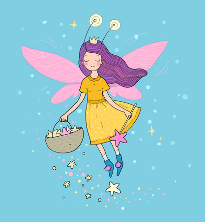 Cute cartoon fairy.Little Flower elf. Little girl with wings.のイラスト素材