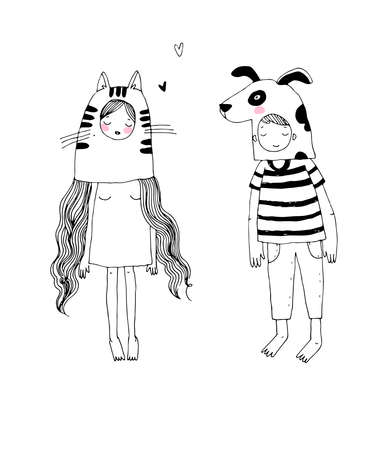 Cute cartoon boy and girl. Children in carnival costumes of a cat and a dog. Hand drawing isolated objects on white background.のイラスト素材