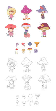 cute funny cartoon garden gnomes. Funny elves. Illustration for coloring books. Monochrome and colored versions.のイラスト素材