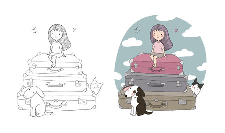 Happy Travel. Cute cartoon girl, dog, cat and suitcases. Bon Voyage. Illustration for coloring books. Monochrome and colored versions.のイラスト素材