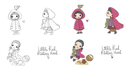 Little Red Riding Hood fairy tale. Little cute cartoon girl . Hand drawing isolated objects on white background. Vector illustration. Illustration for coloring books. Monochrome and colored versions.のイラスト素材