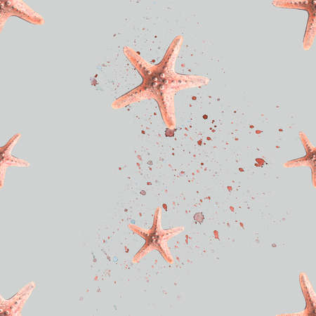 Watercolor illustration pattern starfish, water, sea, ocean. Simple, childish, gentle Fabrics textiles wallpaper paper backgroundの写真素材