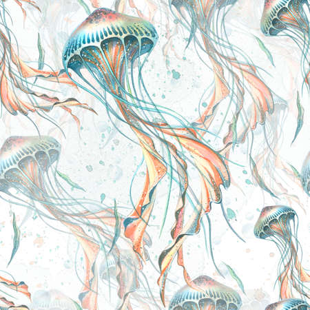 Watercolor illustration pattern starfish, shells, corals, jellyfish, seahorse, water, sea, ocean. Simple, childish, gentle. Fabrics, textiles, wallpaper, paper, background.の写真素材