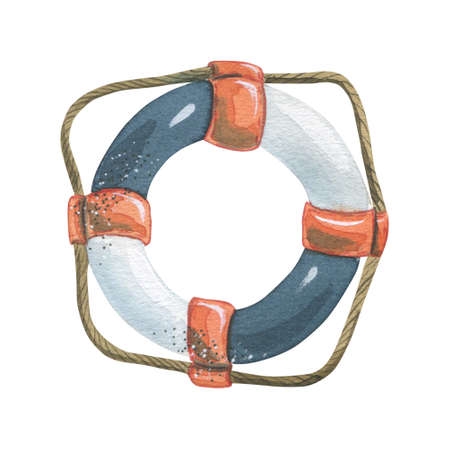 Watercolor illustration on the theme of sea fishing. Lifebuoy, colored, decorative with rope. Children's, marine, tourist. For design, prints, patterns postcardsの写真素材