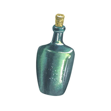 Watercolor illustration on the theme of sea fishing. The bottle is green, glass. Children's, marine, tourist. For design, prints, patterns, postcards.の写真素材