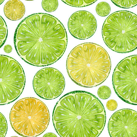 Watercolor illustration of slices of citrus lime, lemon, orange, grapefruit. Round shapes in a seamless pattern. For fabric, textiles, prints, wallpaper, paper, clothing.の写真素材