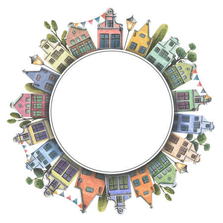 Watercolor illustration of a round frame with houses of the cities of old Europe. With trees, flags, lanterns. For the design and decoration of postcards, posters, souvenirs, banners, invitationsの写真素材