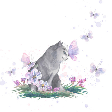 A cute gray cat with butterflies and apple blossoms is sitting on the grass. Light, summer illustration. Watercolor for decoration, decoration and design of postcards, souvenirs, posters, stickersの写真素材