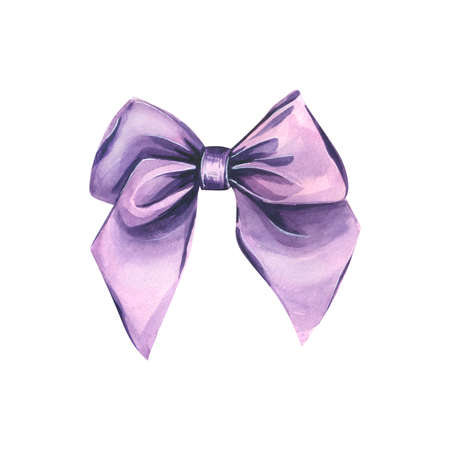 Purple, satin bow. Watercolor illustration, isolated object from the Lavender SPA set, on a white background. For decoration, decoration and design of souvenirs, postcards, posters, objects.の写真素材