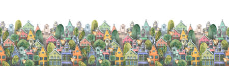 Panorama of the old European city, with colorful houses, trees, lanterns. Board, watercolor, seamless. For decoration, design of banners, postcards, souvenirs, objects wallpaper fabric textilesの写真素材