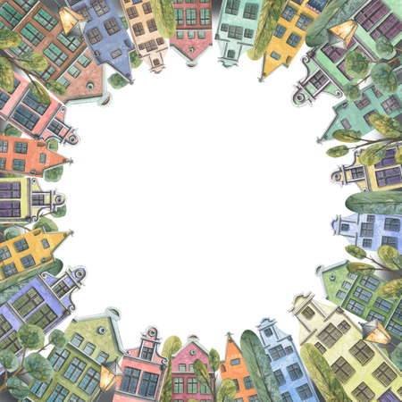 Round frame with European old houses, trees, lanterns. Watercolor illustration. For decoration and design of souvenirs, postcards, posters, banners, stickers, invitations, booklets.の写真素材